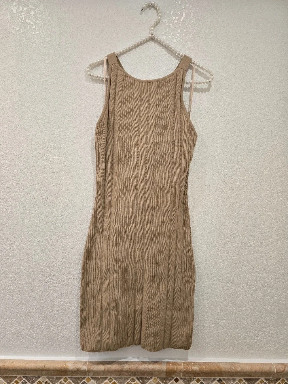 Nightfall Mini rib-knit bodycon round neck sleeveless Dress Linen Taupe L NWT - Picture 1 of 5